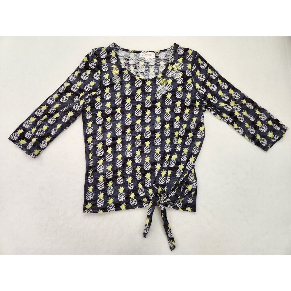 Sequins Top Women Large Black Pineapples Tie Front 1/2 Sleeve Modal Cotton Beach